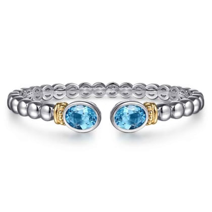 14K Yellow Gold and 925 Sterling Silver Bujukan Blue Topaz Open Bangle Bracelet