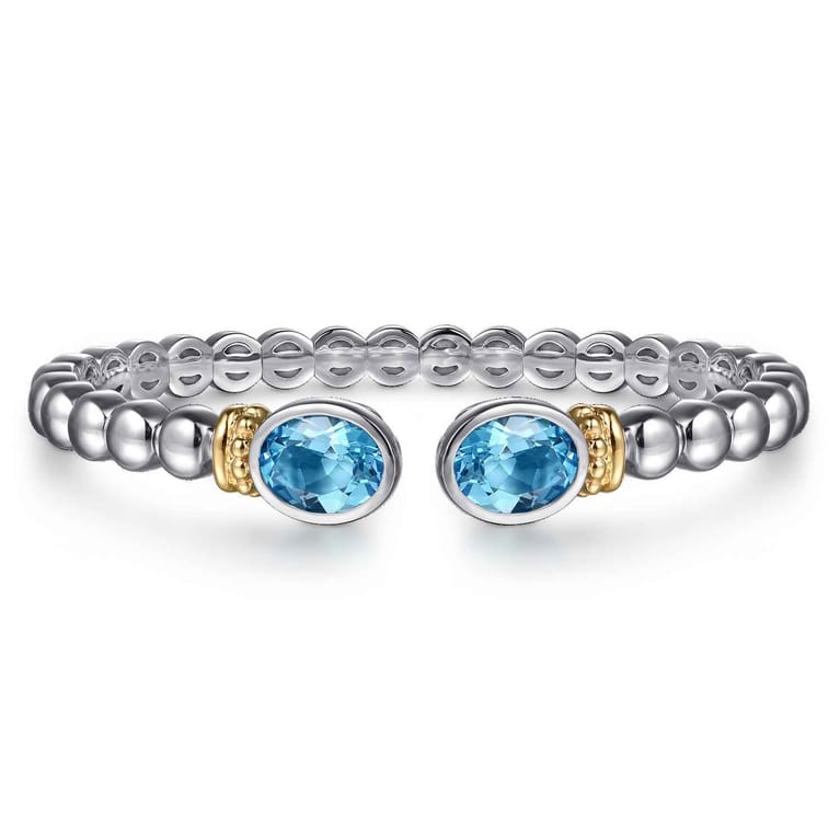 14K Yellow Gold and 925 Sterling Silver Bujukan Blue Topaz Open Bangle Bracelet - Shot 1
