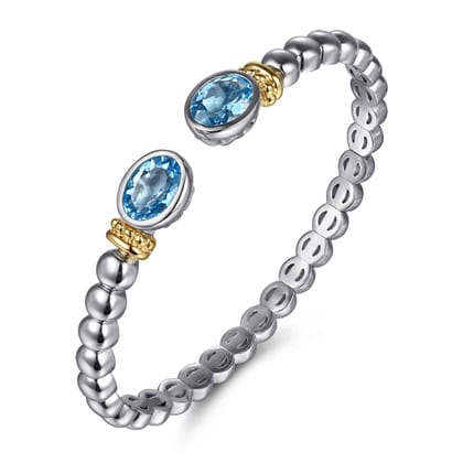 14K Yellow Gold and 925 Sterling Silver Bujukan Blue Topaz Open Bangle Bracelet