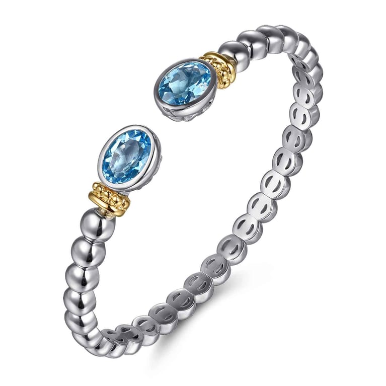14K Yellow Gold and 925 Sterling Silver Bujukan Blue Topaz Open Bangle Bracelet - Shot 2