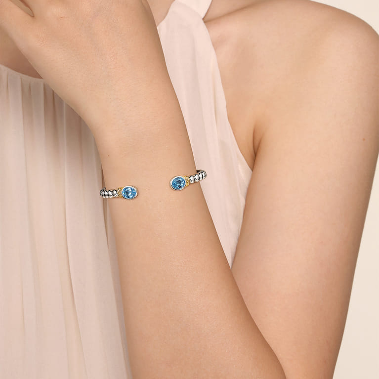 14K Yellow Gold and 925 Sterling Silver Bujukan Blue Topaz Open Bangle Bracelet - Shot 4