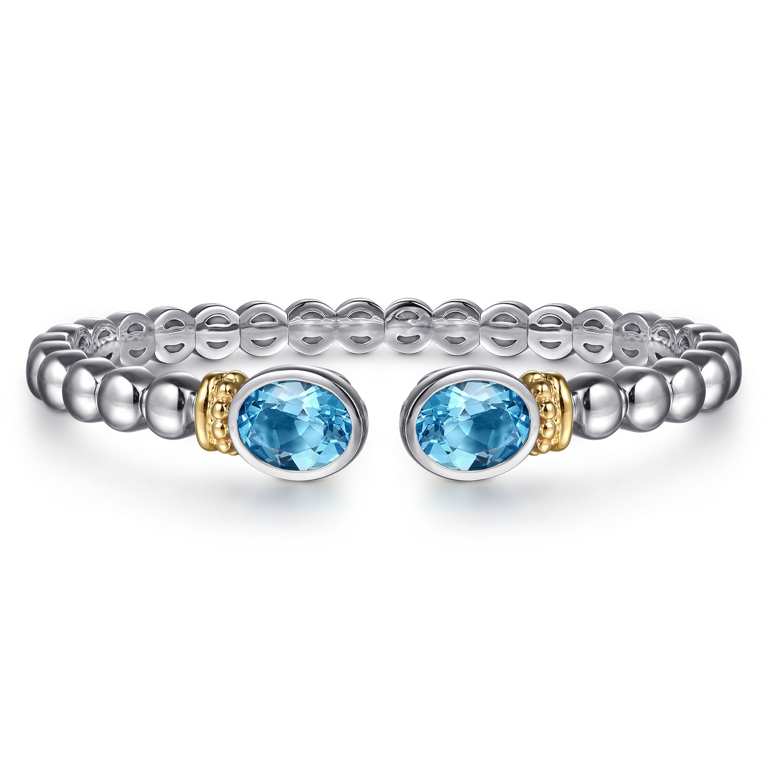 14K Yellow Gold and 925 Sterling Silver Bujukan Blue Topaz Open Bangle Bracelet
