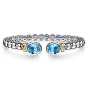 14K Yellow Gold and 925 Sterling Silver Bujukan Blue Topaz Open Bangle Bracelet