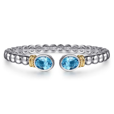 14K Yellow Gold and 925 Sterling Silver Bujukan Blue Topaz Open Bangle Bracelet