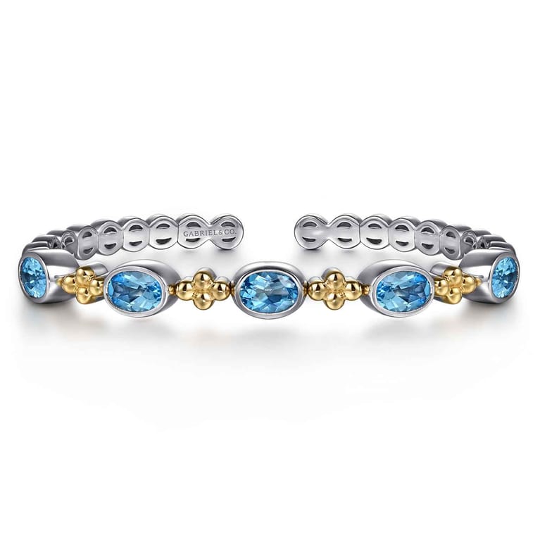 14K Yellow Gold and 925 Sterling Silver Bujukan Blue Topaz Open Bangle Bracelet - Shot 1