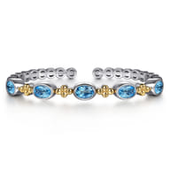 14K Yellow Gold and 925 Sterling Silver Bujukan Blue Topaz Open Bangle Bracelet