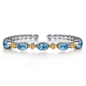 14K Yellow Gold and 925 Sterling Silver Bujukan Blue Topaz Open Bangle Bracelet