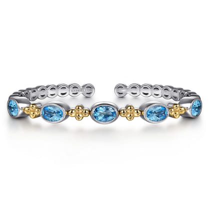 14K Yellow Gold and 925 Sterling Silver Bujukan Blue Topaz Open Bangle Bracelet