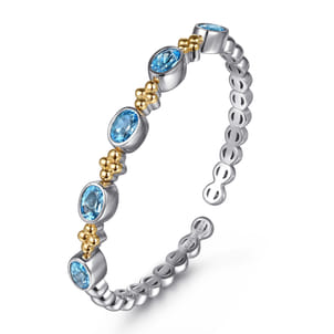 14K Yellow Gold and 925 Sterling Silver Bujukan Blue Topaz Open Bangle Bracelet