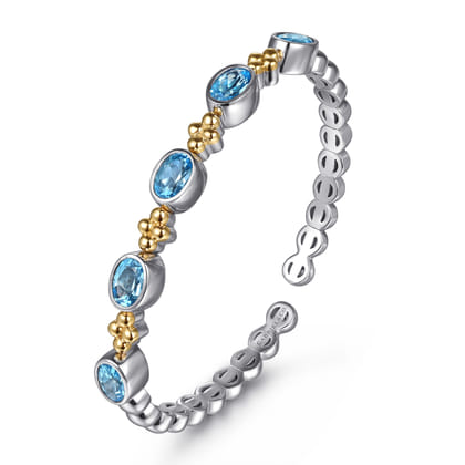 14K Yellow Gold and 925 Sterling Silver Bujukan Blue Topaz Open Bangle Bracelet
