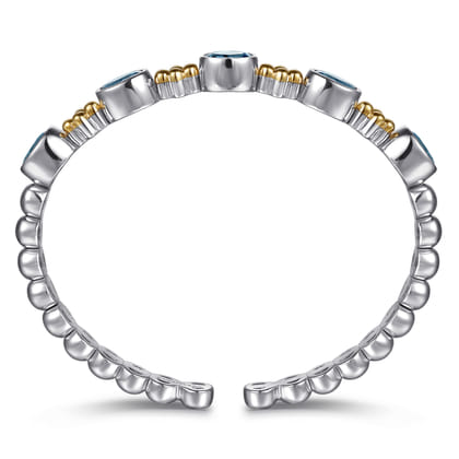 14K Yellow Gold and 925 Sterling Silver Bujukan Blue Topaz Open Bangle Bracelet
