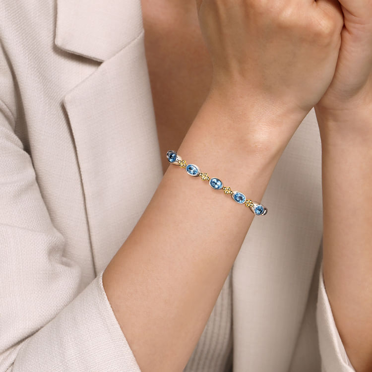 14K Yellow Gold and 925 Sterling Silver Bujukan Blue Topaz Open Bangle Bracelet