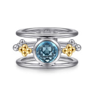 14K Yellow Gold and 925 Sterling Silver Bujukan Blue Topaz Wide Band Ring