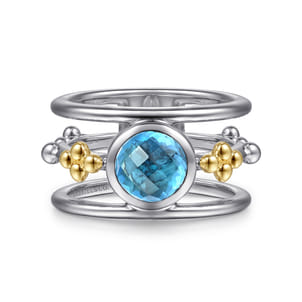 14K Yellow Gold and 925 Sterling Silver Bujukan Blue Topaz Wide Band Ring