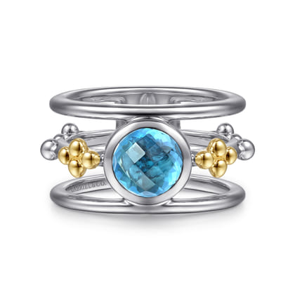 14K Yellow Gold and 925 Sterling Silver Bujukan Blue Topaz Wide Band Ring