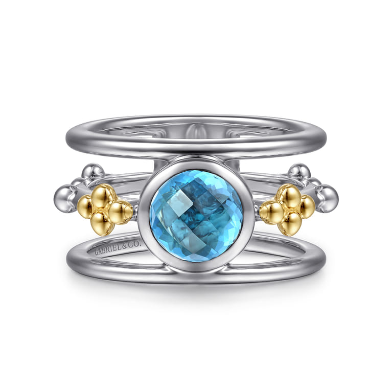 14K Yellow Gold and 925 Sterling Silver Bujukan Blue Topaz Wide Band Ring - Shot 1