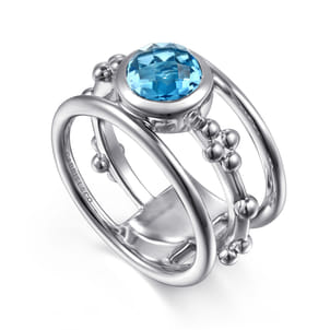 14K Yellow Gold and 925 Sterling Silver Bujukan Blue Topaz Wide Band Ring