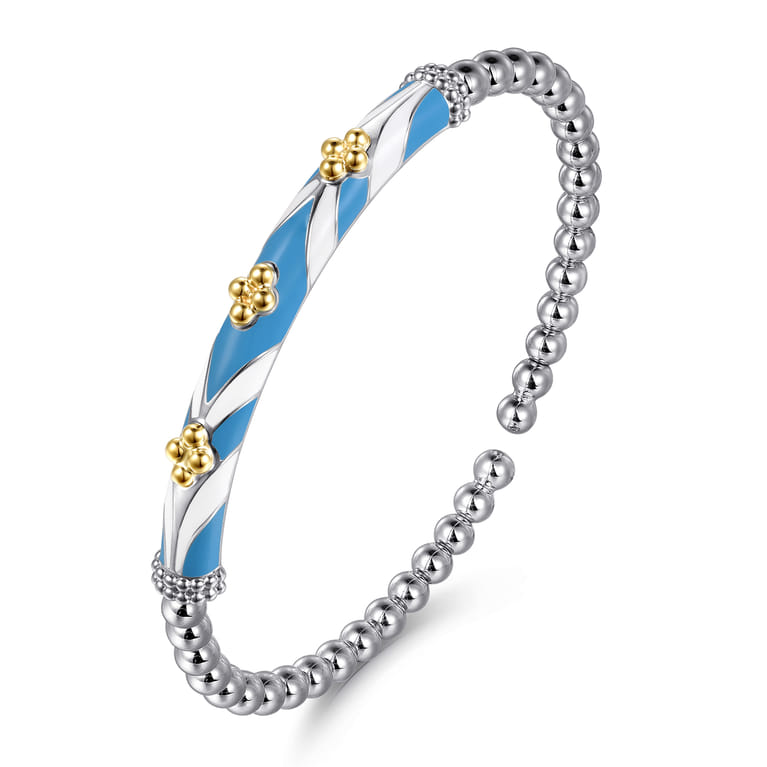 14K Yellow Gold and 925 Sterling Silver Bujukan Clover Cuff Bangle Bracelet with White and Dusk Blue Enamel - Shot 2