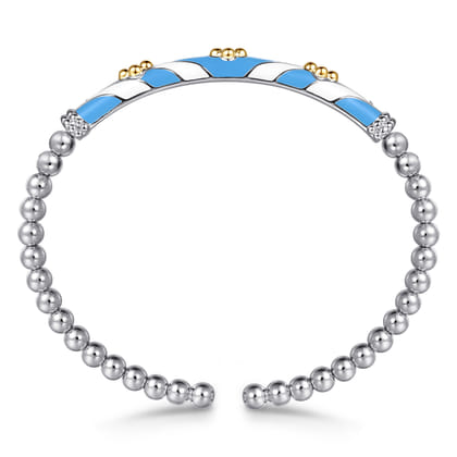 14K Yellow Gold and 925 Sterling Silver Bujukan Clover Cuff Bangle Bracelet with White and Dusk Blue Enamel