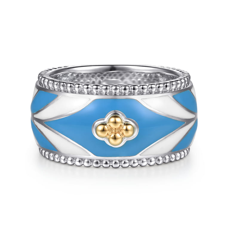 14K Yellow Gold and 925 Sterling Silver Bujukan Clover Wide Band Ring with White and Dusk Blue Enamel - Shot 1