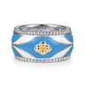 14K Yellow Gold and 925 Sterling Silver Bujukan Clover Wide Band Ring with White and Dusk Blue Enamel