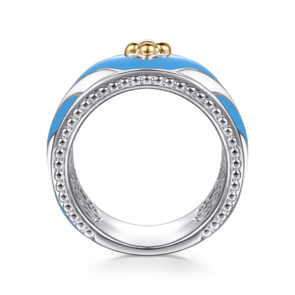 14K Yellow Gold and 925 Sterling Silver Bujukan Clover Wide Band Ring with White and Dusk Blue Enamel