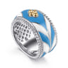 14K Yellow Gold and 925 Sterling Silver Bujukan Clover Wide Band Ring with White and Dusk Blue Enamel