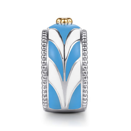 14K Yellow Gold and 925 Sterling Silver Bujukan Clover Wide Band Ring with White and Dusk Blue Enamel