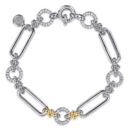 14K Yellow Gold and 925 Sterling Silver Bujukan Clover and White Sapphire Link Chain Bracelet