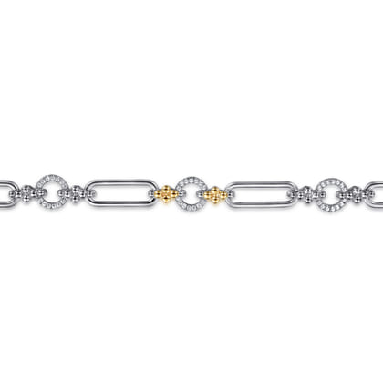 14K Yellow Gold and 925 Sterling Silver Bujukan Clover and White Sapphire Link Chain Bracelet