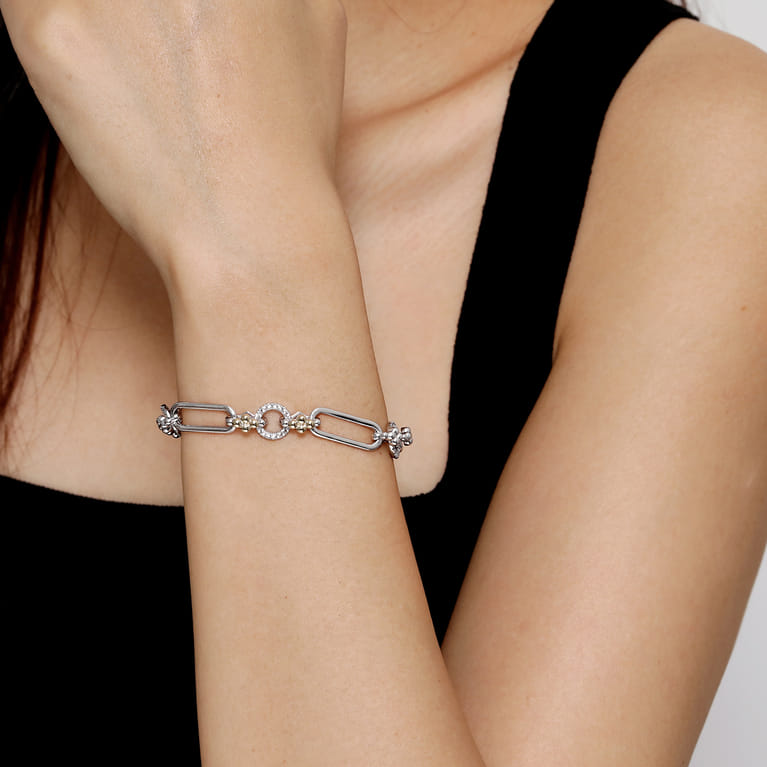 14K Yellow Gold and 925 Sterling Silver Bujukan Clover and White Sapphire Link Chain Bracelet - Shot 3