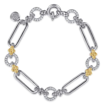 14K Yellow Gold and 925 Sterling Silver Bujukan Clover and White Sapphire Link Chain Bracelet