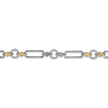 14K Yellow Gold and 925 Sterling Silver Bujukan Clover and White Sapphire Link Chain Bracelet