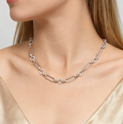 14K Yellow Gold and 925 Sterling Silver Bujukan Clover and White Sapphire Link Chain Necklace