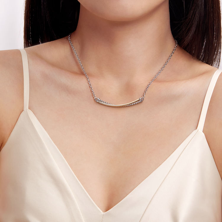 14K Yellow Gold and 925 Sterling Silver Bujukan Criss Cross Bar Necklace