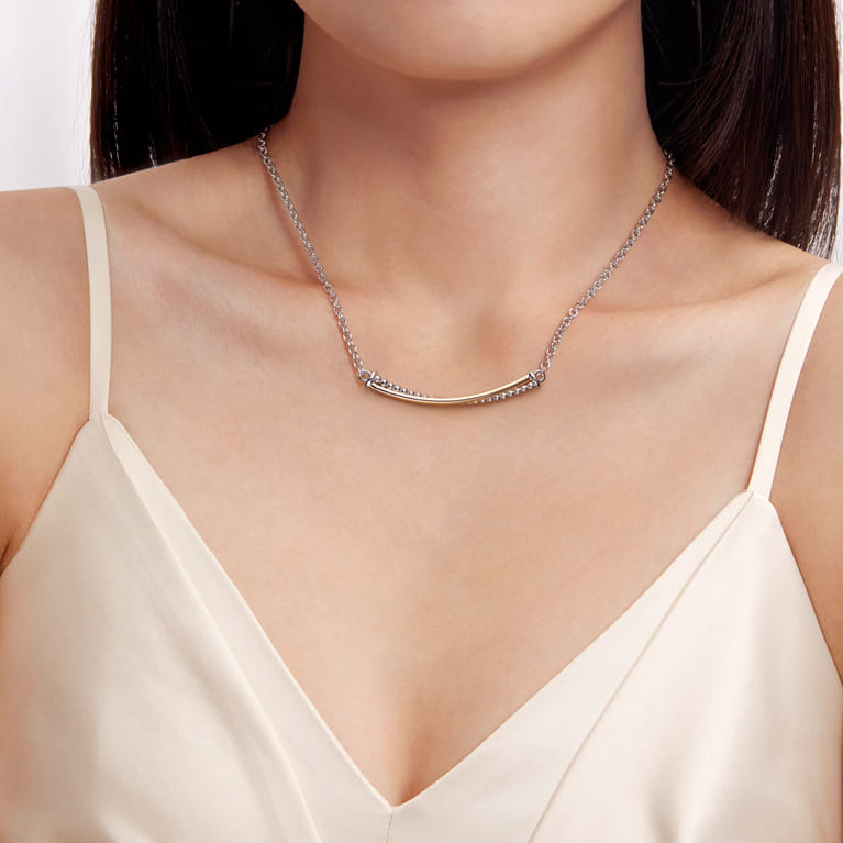 14K Yellow Gold and 925 Sterling Silver Bujukan Criss Cross Bar Necklace - Shot 3