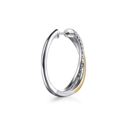 14K Yellow Gold and 925 Sterling Silver Bujukan Criss Cross Intricate Hoop Earrings