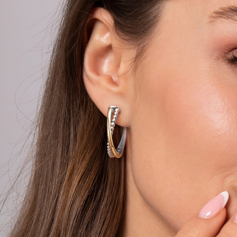 14K Yellow Gold and 925 Sterling Silver Bujukan Criss Cross Intricate Hoop Earrings - Shot 3