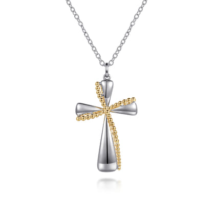 14K Yellow Gold and 925 Sterling Silver Bujukan Cross Necklace