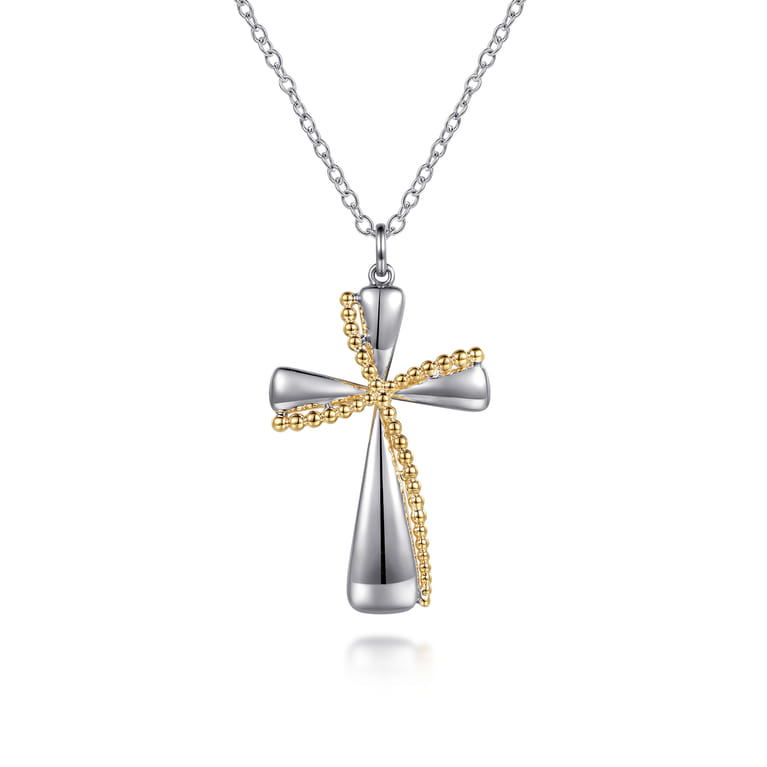 14K Yellow Gold and 925 Sterling Silver Bujukan Cross Necklace - Shot 1