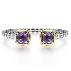 14K Yellow Gold and 925 Sterling Silver Bujukan Cushion Amethyst Bangle