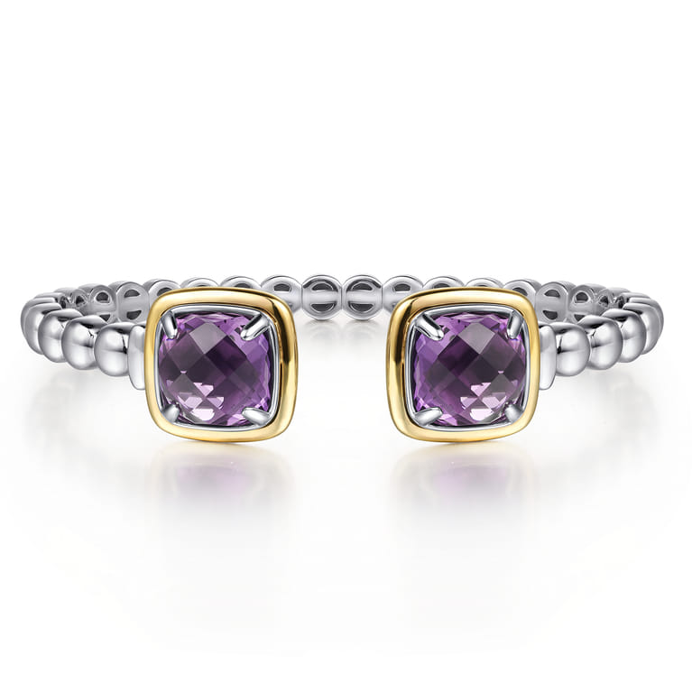 14K Yellow Gold and 925 Sterling Silver Bujukan Cushion Amethyst Bangle - Shot 1