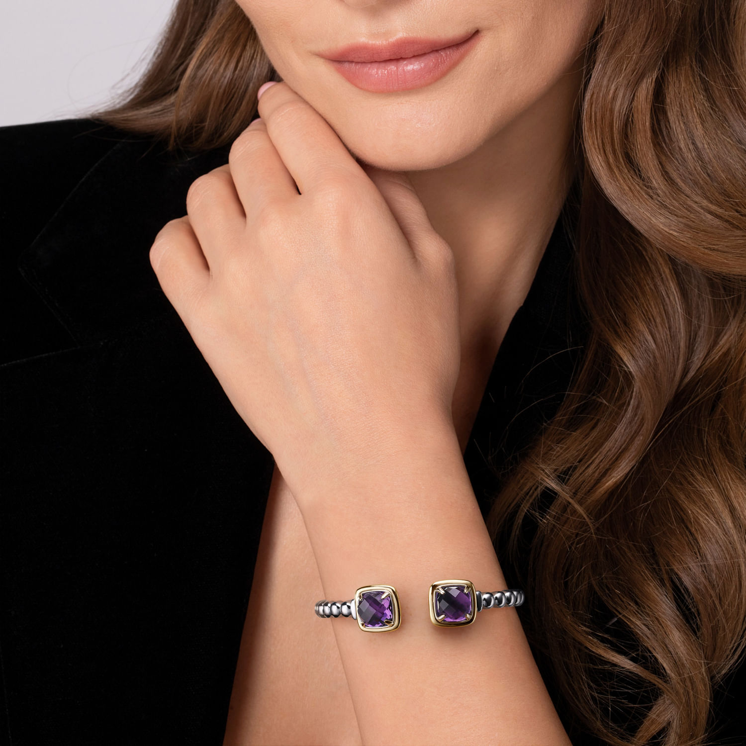 14K Yellow Gold and 925 Sterling Silver Bujukan Cushion Amethyst Bangle