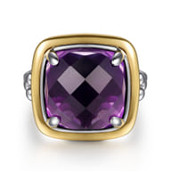 14K Yellow Gold and 925 Sterling Silver Bujukan Cushion Amethyst Cocktail Ring