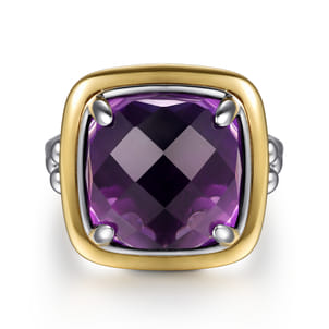 14K Yellow Gold and 925 Sterling Silver Bujukan Cushion Amethyst Cocktail Ring