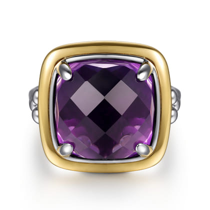 14K Yellow Gold and 925 Sterling Silver Bujukan Cushion Amethyst Cocktail Ring