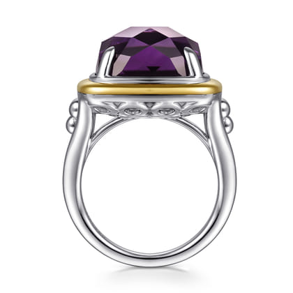 14K Yellow Gold and 925 Sterling Silver Bujukan Cushion Amethyst Cocktail Ring