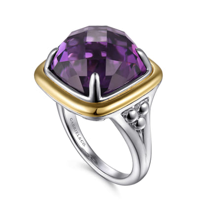14K Yellow Gold and 925 Sterling Silver Bujukan Cushion Amethyst Cocktail Ring