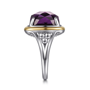 14K Yellow Gold and 925 Sterling Silver Bujukan Cushion Amethyst Cocktail Ring