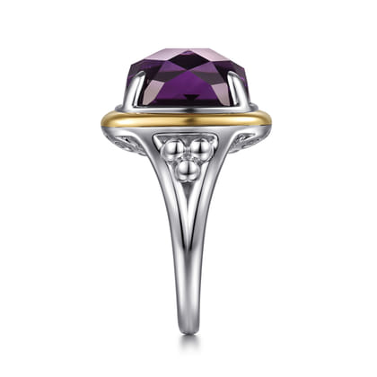 14K Yellow Gold and 925 Sterling Silver Bujukan Cushion Amethyst Cocktail Ring